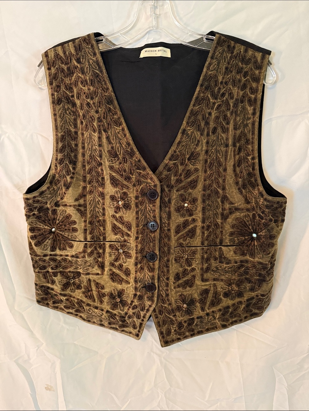 Women's Olive Brown Embroidered cotton Vest